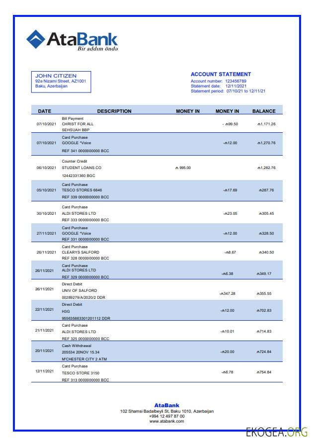 Relevé bancaire AtaBank d'Azerbaïdjan